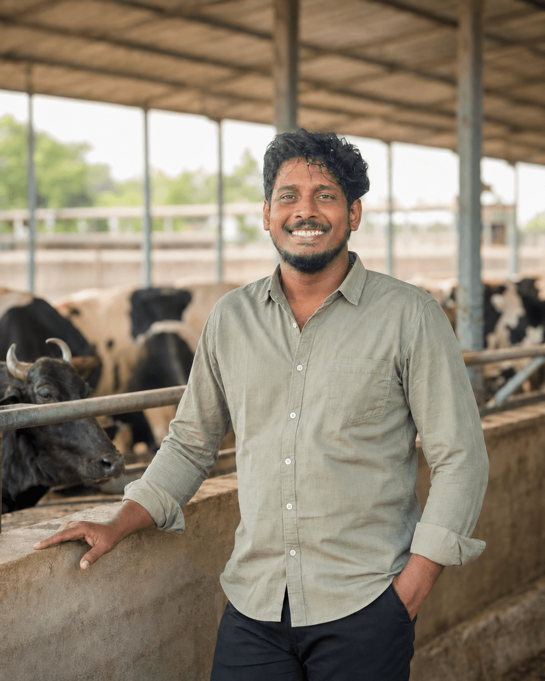 Marla Josuraju at a cattle shed with cows and buffaloes